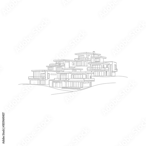 Architectural 3d model and blueprint plan drawing of a residential home project showcasing the engineering design and facade structure of a modern city building concept