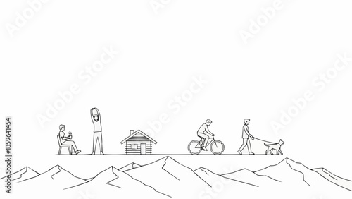 Stages of human development and progress depicted on a mountain landscape.