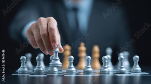 Wallpaper Mural Hand of a businessman moving a chess piece on a board, symbolizing strategy, competition, planning, and decision-making in a professional environment Torontodigital.ca