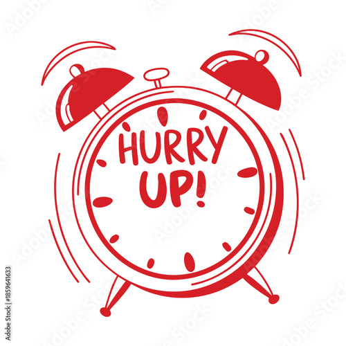 Red alarm clock with hurry up text