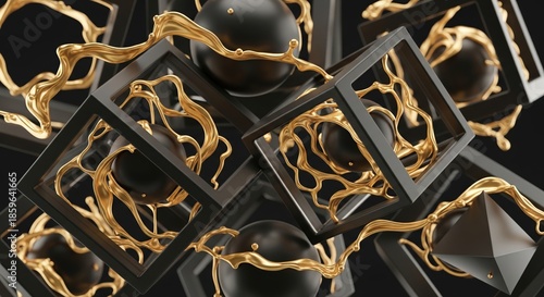 Wallpaper Mural Abstract Art Composition with Black and Gold Elements on Dark Background in 3D Render Torontodigital.ca
