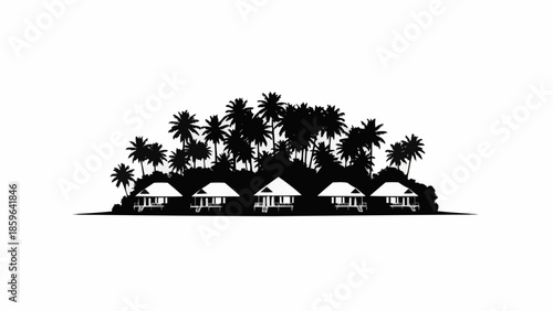 Tropical Island Resort Silhouette with Palm Trees and Bungalows.