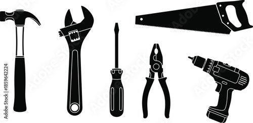 Silhouette vector set of 6 hand tools hammer wrench saw screwdriver pliers and drill