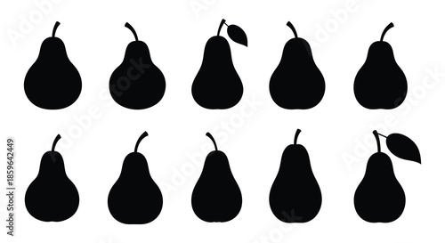 A collection of black silhouette pears arranged in a grid pattern