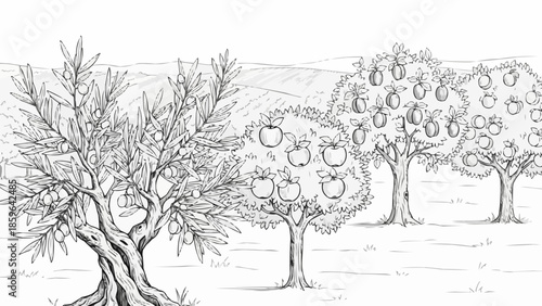 Sketch of an olive tree and apple trees in an orchard.