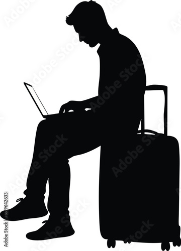 Traveler silhouette with luggage and laptop. Depicts modern commuting lifestyle. Concept of mobility and digital work.