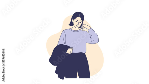 Minimalist Digital Illustration of a Contemplative Young Woman Wearing Casual Clothing and Holding