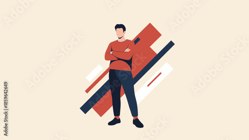 Minimalist Digital Illustration of a Confident Young Man with Crossed Arms Standing against