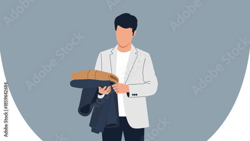 Minimalist Digital Illustration of a Man Holding Clothes in a Modern Casual Setting