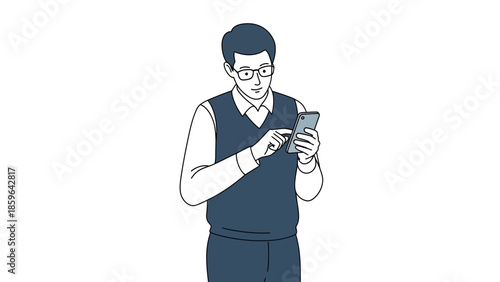 illustration of a young man with glasses using a smartphone in a minimalistic style
