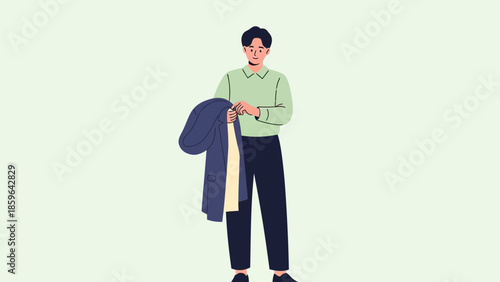 Illustration of a young person holding a coat in a minimalistic style with a light green background