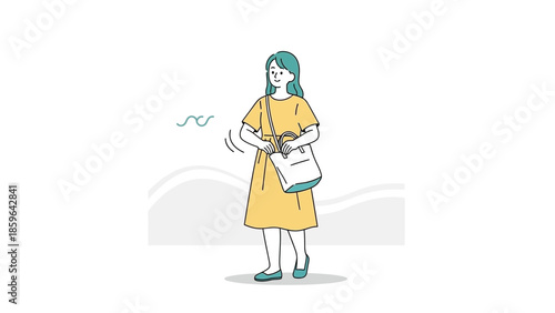 Illustration of a young woman happily holding a shopping bag in a minimalistic outdoor setting