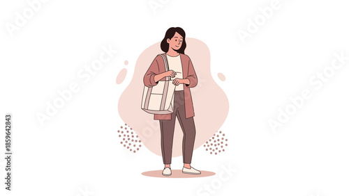 Illustration of a young woman carrying a shopping bag and waiting patiently