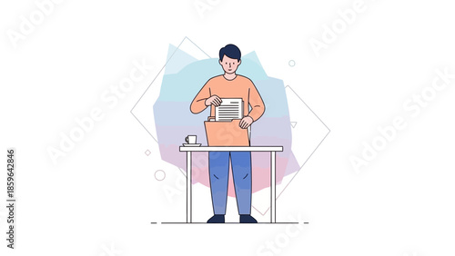 Illustration of a young man working at a desk inserting papers into a file or folder