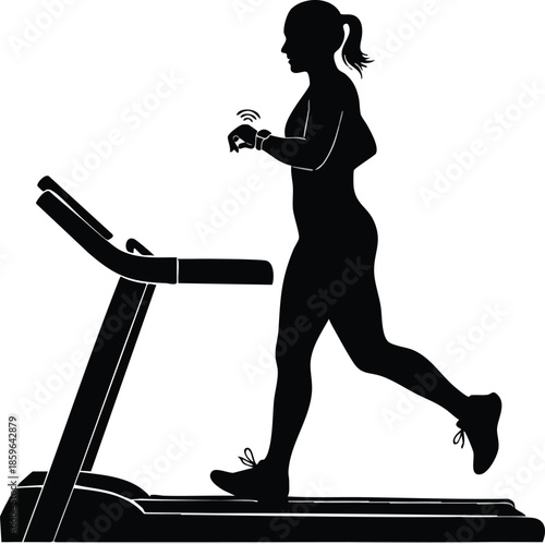 Treadmill run silhouette. Woman exercising with smartwatch. Fitness tracking concept.