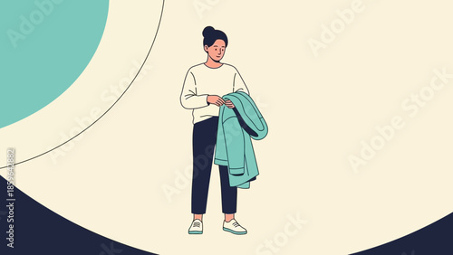 Illustration of a young woman holding a teal jacket in a minimalistic design with abstract