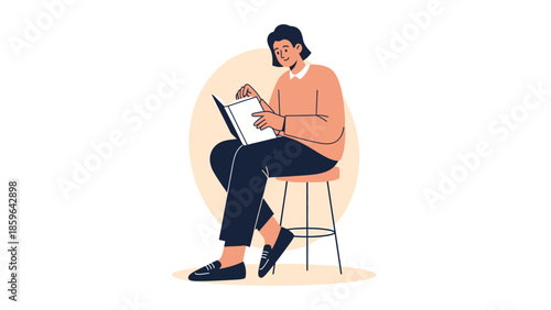 illustration of a young woman sitting on a chair and reading a book in a minimalistic style