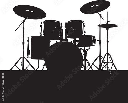 Black silhouette of a complete drum set with cymbals on stands against a white background, musical instrument for music performance and recording