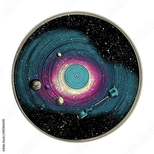 Colorful galaxy with planets and spacecraft orbiting around a vibrant purple and blue star vector illustration