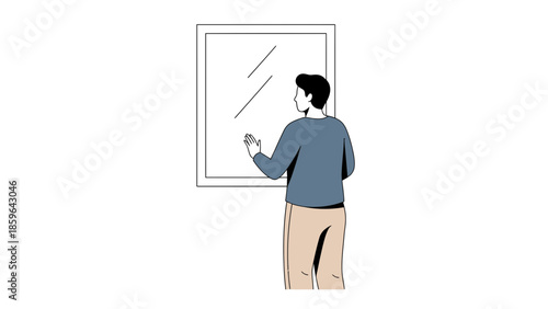 Man Looking at a Mirror Window Reflecting Personal Reflection and Self-Observation