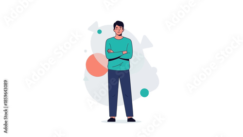 Minimalist digital illustration of a confident young man standing with crossed arms and