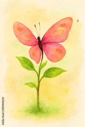 Delicate pink butterfly with orange spots perched on green stem in soft pastel watercolour background