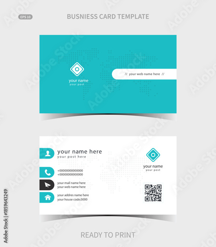 Modern Teal Business Card Template with QR Code and World Map Detail