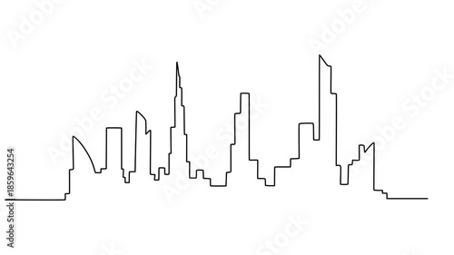 Self drawing animation of Modern cityscape continuous one line drawing. Metropolis architecture panoramic landscape, Modern city in one line on a white background,  New York skyscrapers hand drawn.
