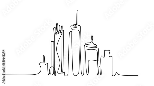 Self drawing animation of Modern cityscape continuous one line drawing. Metropolis architecture panoramic landscape, Modern city in one line on a white background,  New York skyscrapers hand drawn.