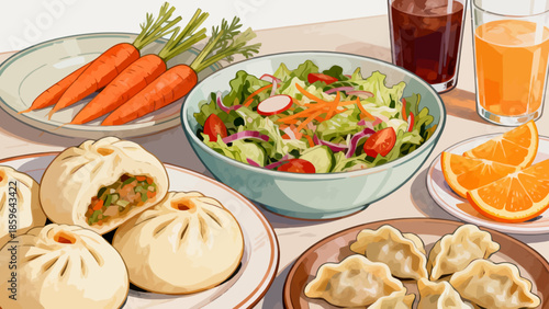 Illustration of assorted food dishes