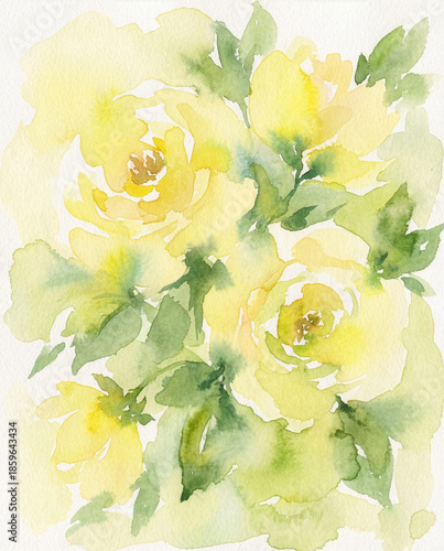 A painting of yellow flowers with green leaves. The flowers are in a field and the background