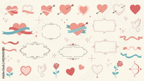 Charming collection of romantic illustrations with hearts, roses, and doves for Valentine's Day.