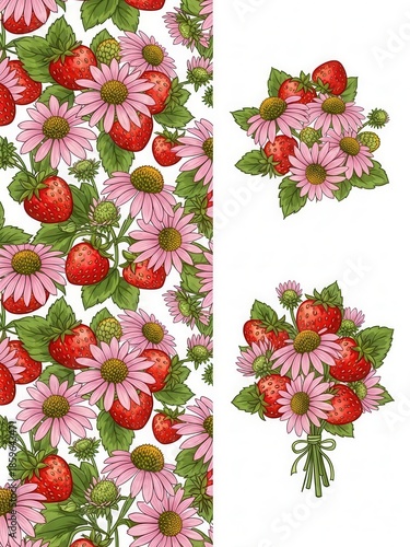 Strawberries and flowers bouquet isolated on transparent background