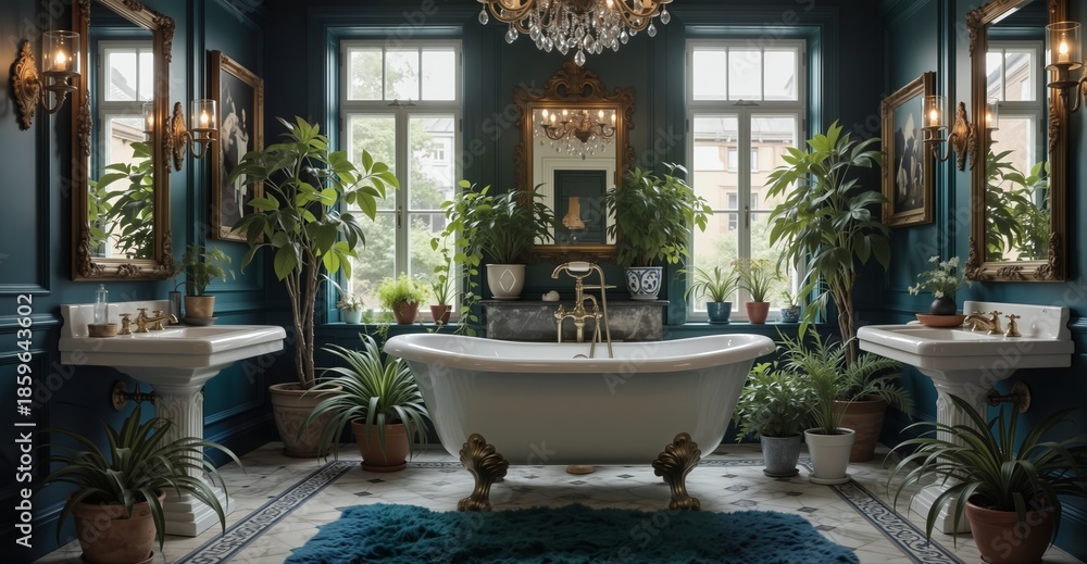 Obraz premium luxurious dark teal bathroom with freestanding tub, ornate mirrors, and abundant houseplants for a spa-like atmosphere.