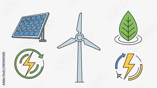 Renewable energy symbols: solar panel, wind turbine, and leaf icon representing clean power.