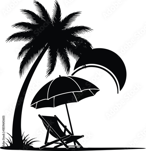 Tropical beach icon set. Palm trees, parasol, deck chair. Vacation concept.