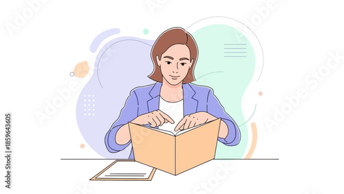 Young woman reading a book with focus and concentration in a modern digital environment