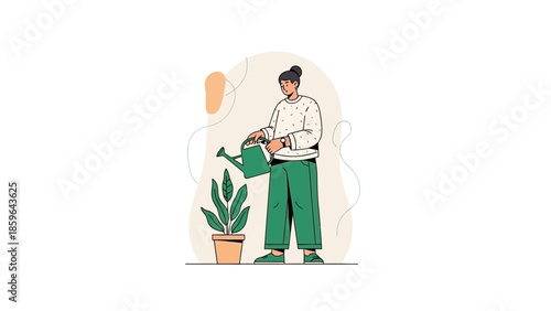 Woman Watering Indoor Plant in Minimalist Home Decor Environment