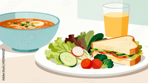 Illustration of a meal with sandwich salad and soup