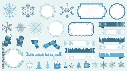 Delicate winter holiday design elements featuring snowflakes, mittens, scarves, and festive frames for seasonal greetings.