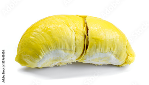 Golden Yellow Ripe Durian Fruit Segment Isolated on White Background Studio Shot Natural Lighting Detailed Texture of Creamy Pulp