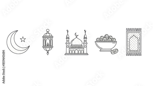 Islamic cultural icons in a simple line art style celebrating faith and tradition