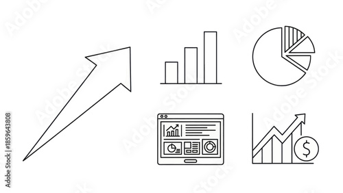 Collection of simple line art icons representing business growth and financial data analysis.