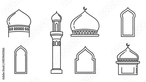 Collection of simplified Islamic architectural elements including domes, minarets, and arches