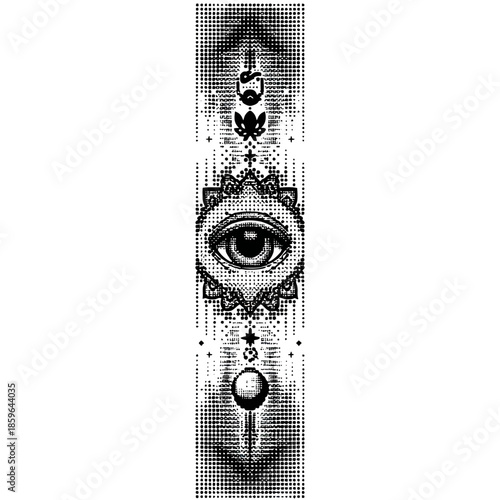 Detailed illustration of an all-seeing eye with ornate designs and symbols, surrounded by decorative elements and patterns vector illustration