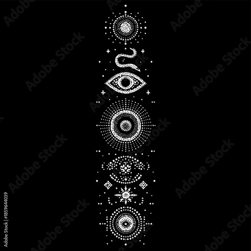 White dotted mystical symbols on black background with eye and snake vector illustration