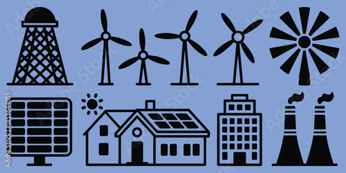 renewable energy and industrial icons in black outline style, wind turbine and solar panel symbols for sustainability, green technology, power generation, Eco industry, and modern vector design.