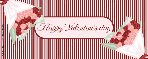 Valentine’s Day retro horizontal banner in red and pink colors with romantic rose bouquets illustration
