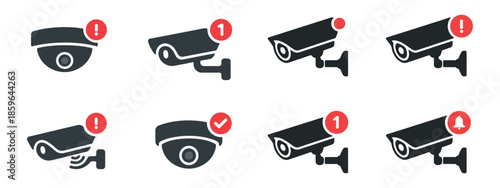 A set of 8 black and white vector icons of CCTV cameras with various status/alert indicators.