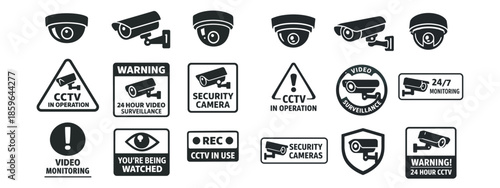 A set of black and white vector icons and symbols related to video surveillance systems (CCTV).